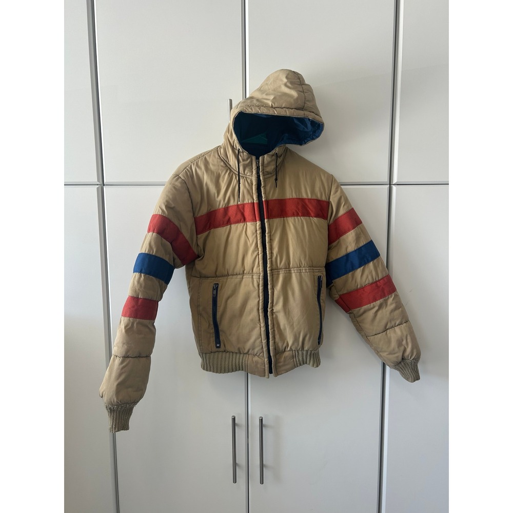 Vintage Wild Horses by Pacific Trail Tan Puffer Jacket Red Blue Stripe Hooded L